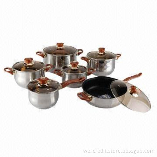 12PCS Stainless Steel Cookware Set, with brown bakelite handle